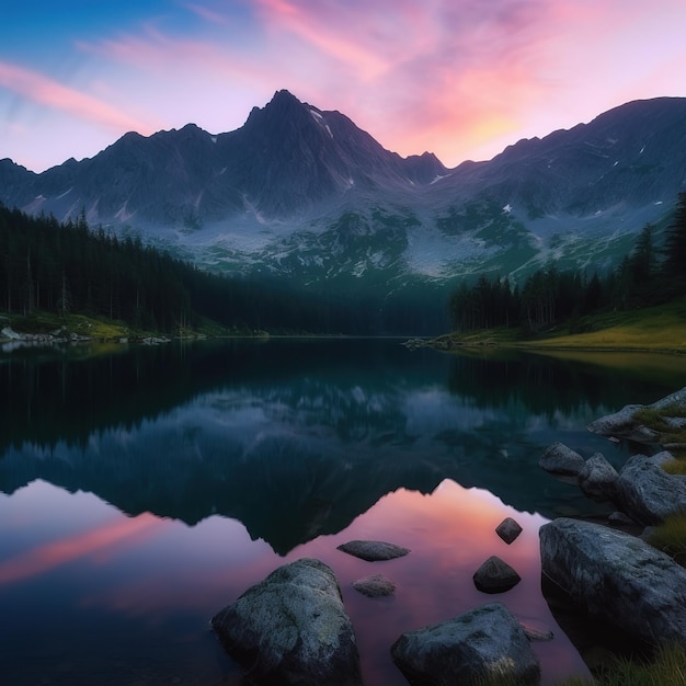 Un lac de montagne avec un ciel rose et un ciel violet avec le mot oktoberfest dans le coin.