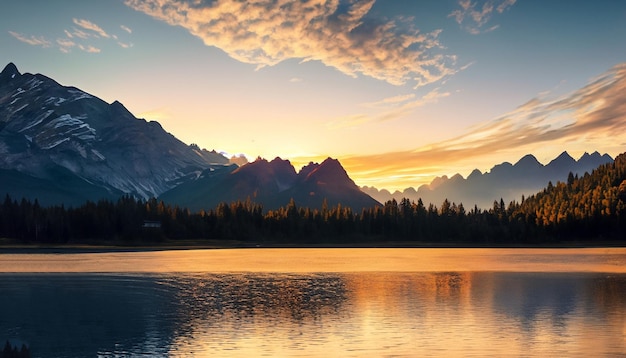 Un lac de montagne avec un coucher de soleil en arrière-plan