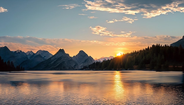 Un lac de montagne avec un coucher de soleil en arrière-plan