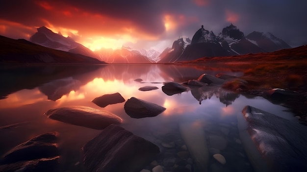 Un lac de montagne avec un coucher de soleil et un ciel rouge