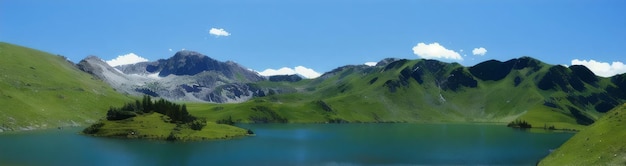 Un lac de montagne avec une croix au sommet.