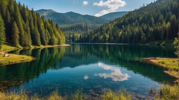 Un lac de montagne entouré de forêts.