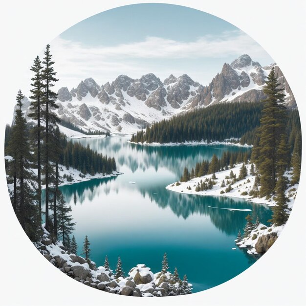 Photo un lac de montagne entouré de sommets enneigés, de pins et de reflets d'eau calme pour une journée sereine.