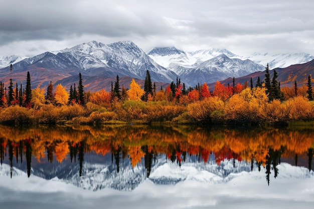 Lac de montagne glaciaire dans le paysage d'automne en Alaska