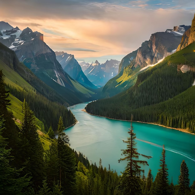 Un lac de montagne avec un lac bleu et des montagnes en arrière-plan.