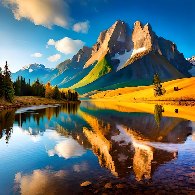 Un lac de montagne avec une montagne verte en arrière-plan