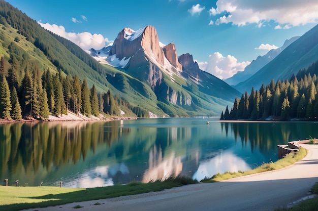 Un lac de montagne avec de la neige sur les montagnes