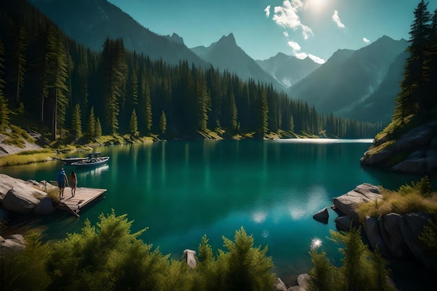 Un lac de montagne paisible et isolé entouré de hautes falaises et de forêts à feuilles persistantes