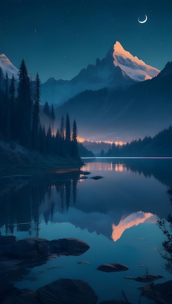 un lac de montagne avec un reflet dans l'eau.