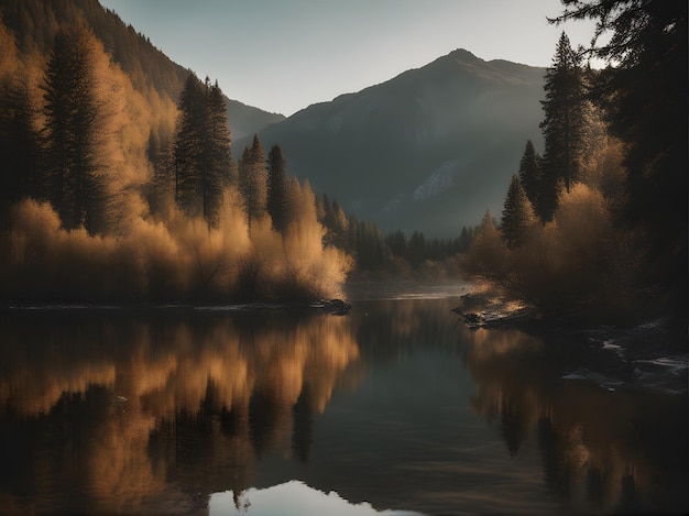 Un lac de montagne avec le reflet d'une montagne en arrière-plan.