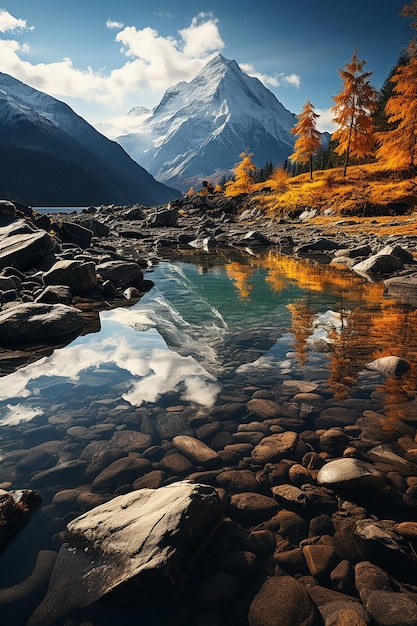 un lac de montagne avec un reflet des montagnes dans l'eau.