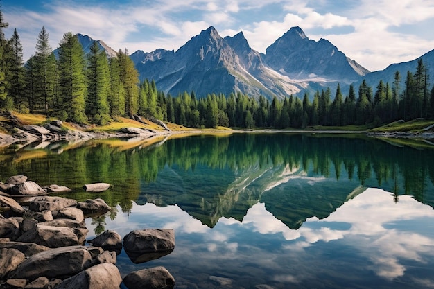 Photo lac de montagne avec un reflet des sommets environnants