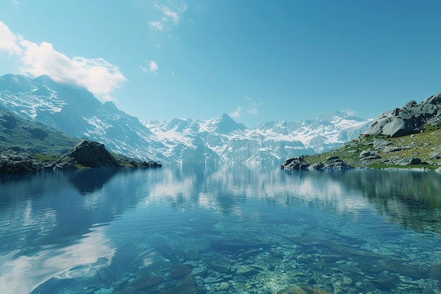 Un lac de montagne reflétant un ciel bleu clair