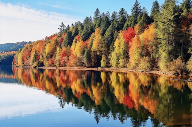 Le lac de montagne reflète les couleurs de l'automne.