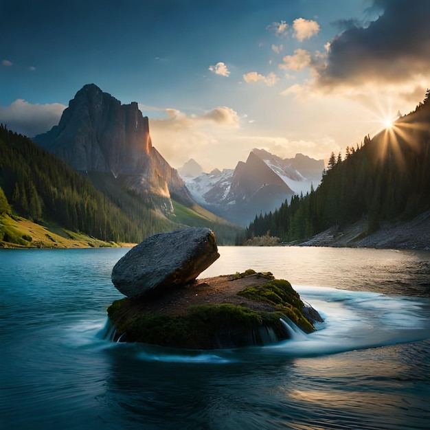 Un lac de montagne avec un rocher au milieu