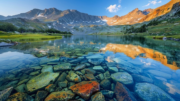 Le lac de montagne serein au coucher du soleil avec des reflets et de l'eau claire révélant des pierres sous-marines