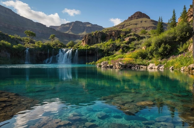 Un lac de montagne serein avec une cascade en toile de fond