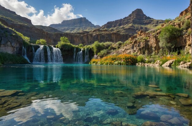 Un lac de montagne serein avec une cascade en toile de fond