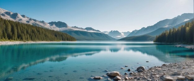 Un lac de montagne serein avec un reflet d'eau cristalline