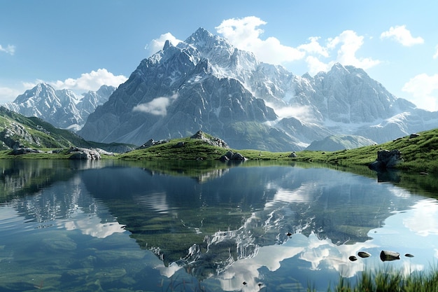 Un lac de montagne serein reflétant l'environnement