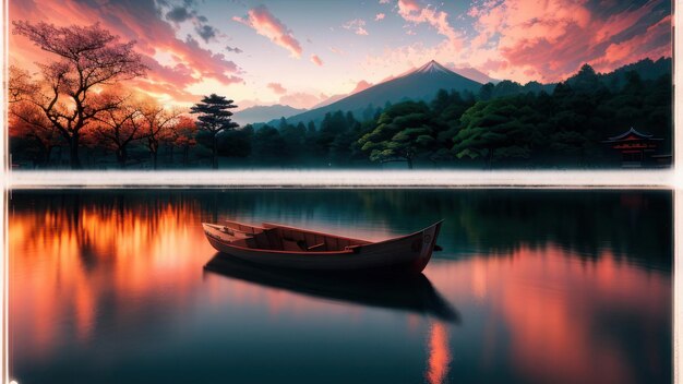 Un lac avec une montagne avec le soleil se couchant derrière