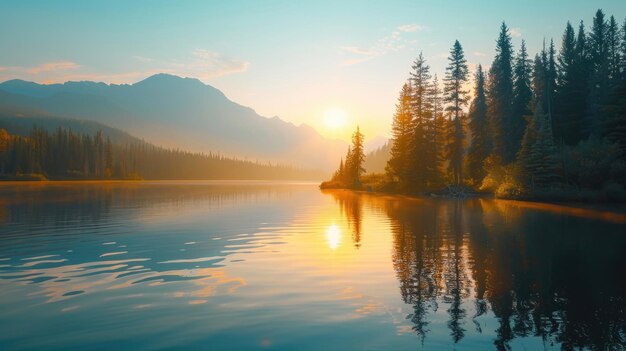 Un lac de montagne tranquille au lever du soleil