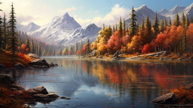 Un lac de montagne tranquille avec un feuillage d'automne
