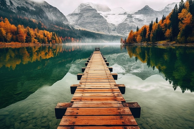 Lac de montagne tranquille avec un quai en bois entouré par la beauté de la nature atmosphère sereine et paisible pour une détente ultime Generative AI