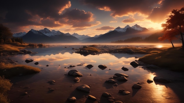 lac et montagnes AI Généré