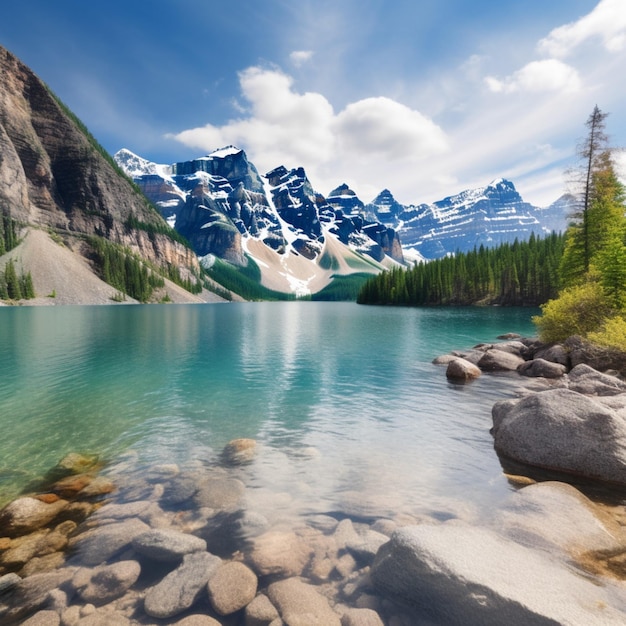 Un lac avec des montagnes en arrière-plan et un ciel bleu avec des nuages.