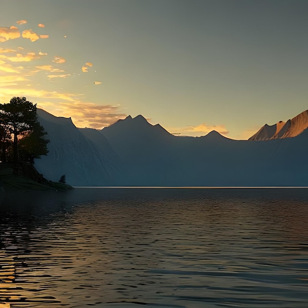 Un lac avec des montagnes en arrière-plan et un coucher de soleil en arrière-plan.