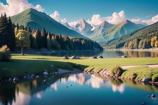 Un lac avec des montagnes en arrière-plan