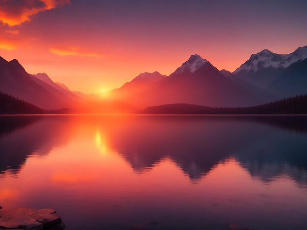Le lac des montagnes du coucher du soleil