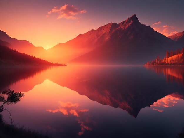 Le lac des montagnes du coucher du soleil