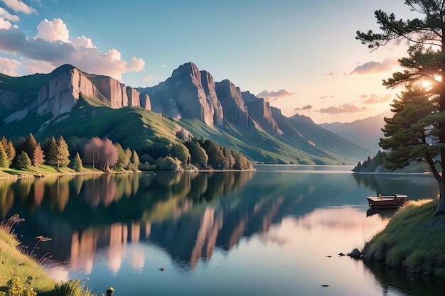 Un lac avec des montagnes et un lac avec une montagne en arrière-plan