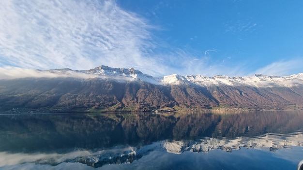 Un lac avec des montagnes et de la neige sur les montagnes