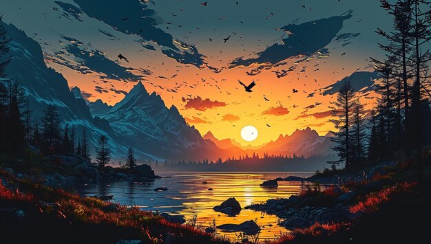 un lac et des montagnes avec le soleil qui se couche derrière lui dans le style de l'art des oiseaux clair et précis