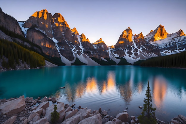 Lac Moraine au coucher du soleil