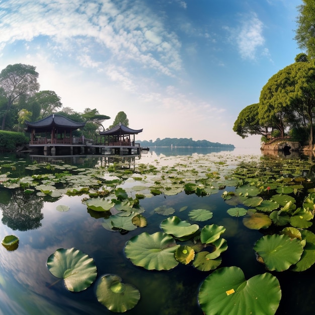 Un lac avec des nénuphars et un ciel nuageux