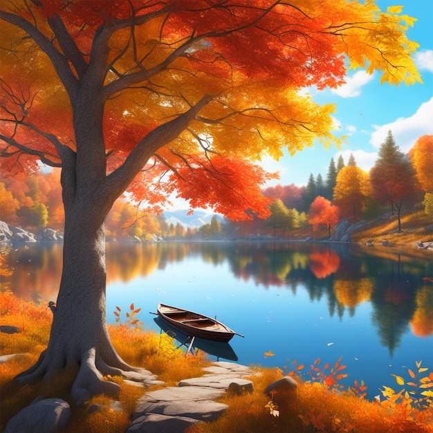 un lac paisible entouré de feuillages d'automne colorés et de reflets en miroir, tranquillité d'automne