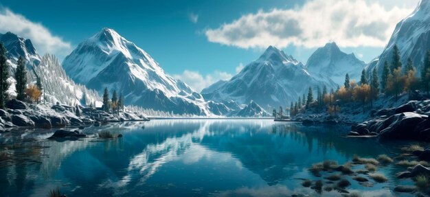 Un lac paisible entouré de montagnes dont le reflet se reflétait sur la surface vitreuse.