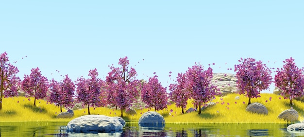 Lac de paysage et arbres roses de ciel et rendu 3d d'herbe jaune