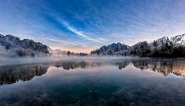 Lac avec paysage de montagne en hiver