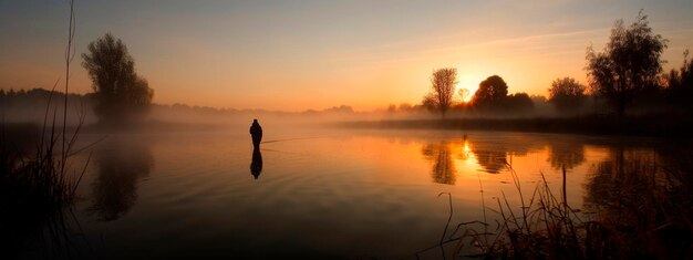 Lac de pêche canne à pêche matin aube Generative Ai