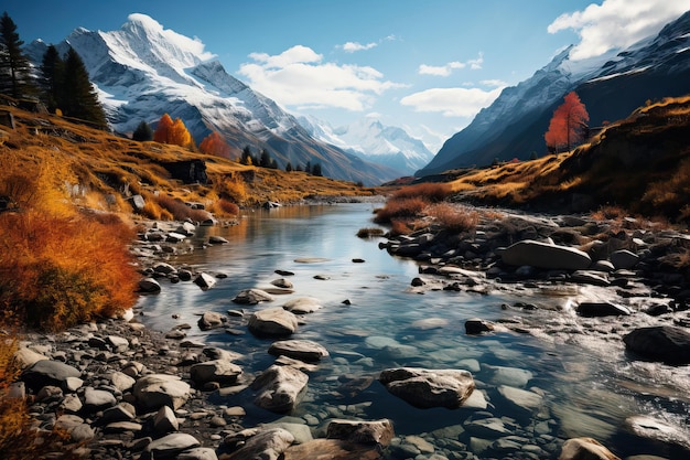 Le lac des Perles est une montagne enneigée d'automne.