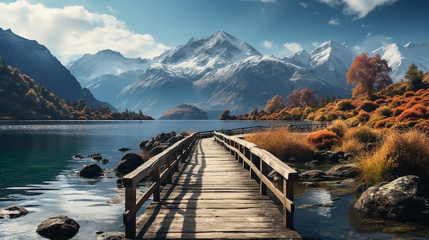 Photo le lac pier avec des montagnes en arrière-plan