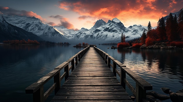 Photo le lac pier avec des montagnes en arrière-plan