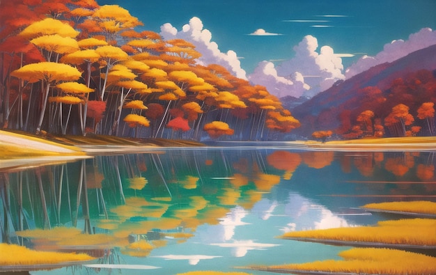 Lac pittoresque au milieu de la forêt illustration ai générée pour les contes de fées pour enfants