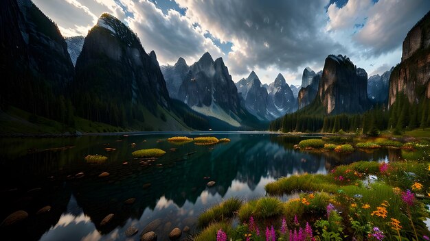 Lac pittoresque au milieu des montagnes ciel nuageux illustration ai généré pour les livres pour enfants histoires contes de fées toile mur art peinture murale