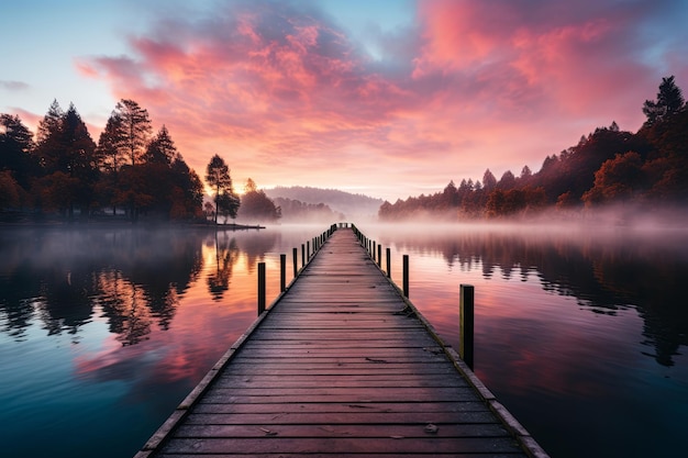 Un lac plat, simpliste et rectangulaire, un quai, un beau lever de soleil, une eau calme et brumeuse, un lac avec un ciel coloré, un papier peint de relaxation de la nature, une IA générative.